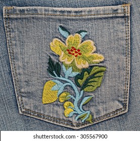 Embroidered Yellow Edelweiss Flower On Denim Jeans Pocket