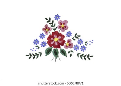 Embroidery bouquet of red and purple flowers and leaves on white background.
