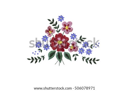 Embroidery bouquet of red and purple flowers and leaves on white background.
