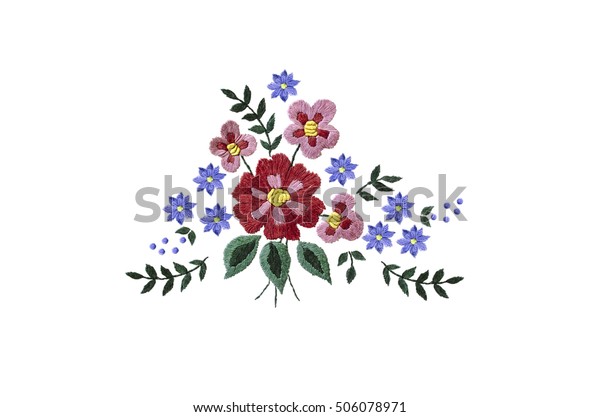 Embroidery bouquet of red and purple\
flowers and leaves on white\
background.\
