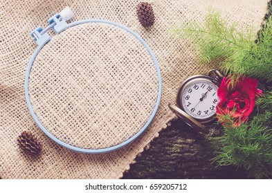 Embroidery Hoop With Blank Burlap Sack, Vintage Pocket Watch And Rose Flower.