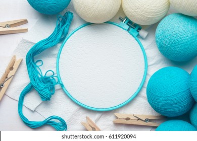 Embroidery Hoop With Blank Fabric And Christmas Balls Decoration