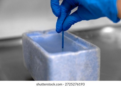 Embryologist in blue gloves using liquid nitrogen for cryopreservation of embryos and eggs in IVF lab, vitrification process in fertility clinic for assisted reproductive technology and pregnancy.