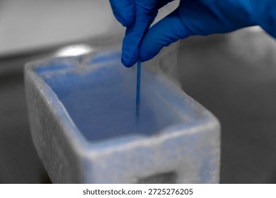 Embryologist in blue gloves using liquid nitrogen for cryopreservation of embryos and eggs in IVF lab, vitrification process in fertility clinic for assisted reproductive technology and pregnancy.