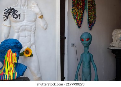 EMBU DAS ARTES, SAO PAULO, BRAZIL - SEPTEMBER 18, 2021: Visiting Weekly Fair And Street Art Stores