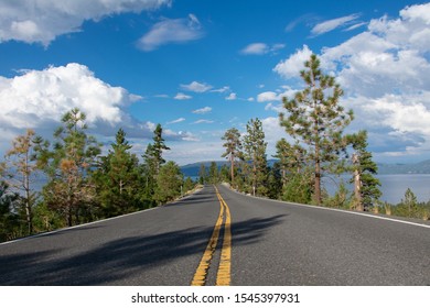 Emerald Bay Road, South Lake Tahoe In Summertime. Lake View In Front And From Both Sides Of The Road.