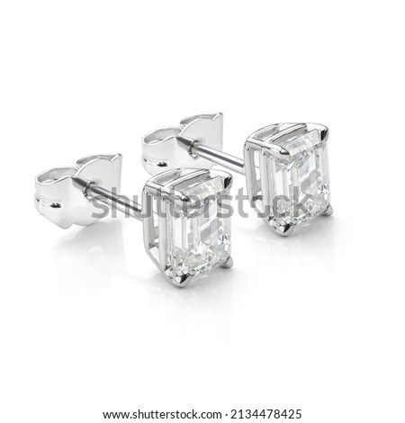 Emerald Cut Diamond Earrings Isolated on White Background