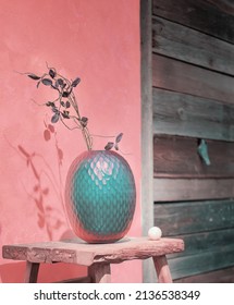 Emerald Glass Vase In Rural Interior Decorated With Weathered Wood