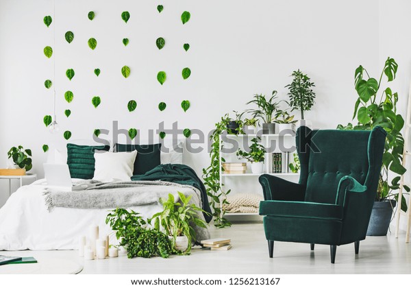 Emerald Green Comfortable Armchair Stylish Bedroom Stock