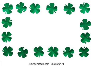 Emerald green paper clover shamrock leafs wreath border frame on white background isolated without shadow. St. Patrick's Day postcard template.