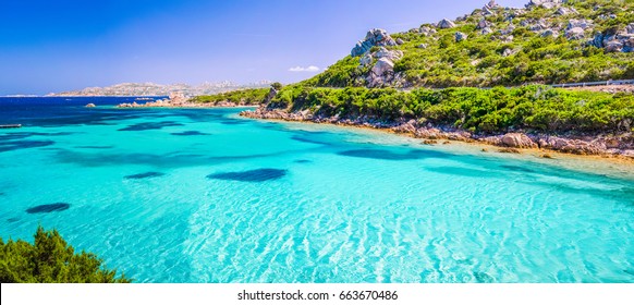 Emerald Green Sea Water And Rocks On Coast Of Maddalena Island, Sardinia, Italy