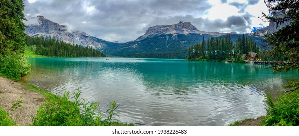 Emerald Lake, British Columbia, Canada - July 7, 2018: Scenic Lake View, Emerald Lake, Yoho National Park, Alberta, Canada