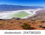 Emerald Lake Water, Aerial Badwater Basin Panorama, Distant Panamint Range Mountain Peaks.  Scenic Death Valley National Park Landscape, Dantes View