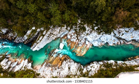 Emerald Soca River In Soca Valley, Slovenia. Aerial Drone Top Down View.