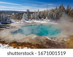 Emerald Spring at Norris Geyser Basin trail area, during winter in Yellowstone National Park, Wyoming, USA