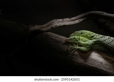 Emerald tree monitor (Varanus prasinus) head. Arboreal monitor lizard in family Varanidae