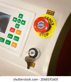 Emercency Stop Button. Big Red Button, Power Switch On Industrial Machinery.