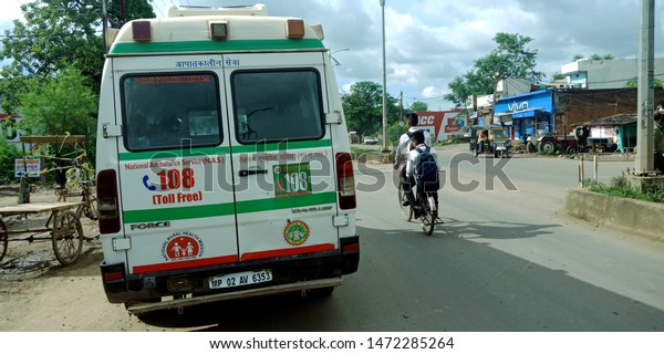 emergency ambulance
traveling on road at district Katni Madhya Pradesh in India shot
captured on Aug 6,
2019