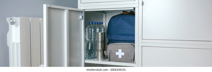 Emergency Backpack And First Aid Kit Kept In A Closet At Home