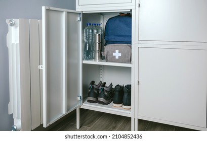 Emergency Backpack And First Aid Kit Kept In A Closet At Home