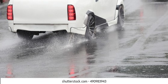 Emergency Braking Car On Wet Road