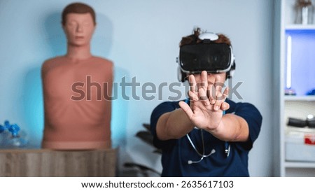 Emergency CPR Training Using VR Headset, Showing Medical Professional Practicing Life-Saving Skills in Fully Immersive Simulation Scenario