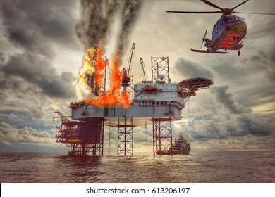 Emergency evacuation by helicopter, offshore oil and gas fire case or emergency case, firefighter operation to control fire on oil and gas platform, offshore worst case and can't control fire.