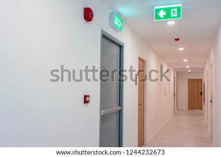 Emergency Exit Door, Sign, and Fire Alarm