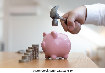 Emergency Finance, Businessman Using A Hammer Is About To Destroy The Pink Piggy Bank, Reserve Money Concept