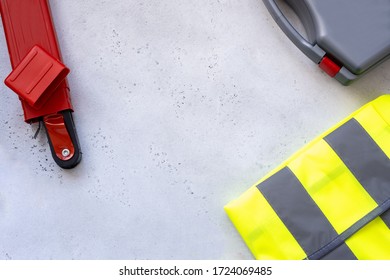 Emergency Kit For Car - First Aid Kit, Warning Triangle, Reflective Vest. Concept Auto, Car.