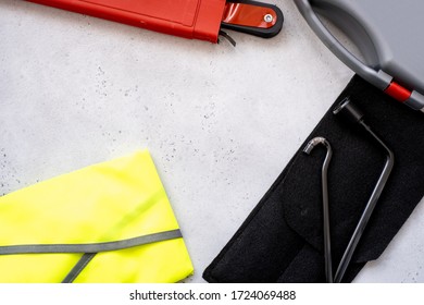 Emergency Kit For Car - First Aid Kit, Car Jack, Warning Triangle, Reflective Vest. Concept Auto, Car.