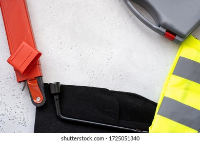 Emergency Kit For Car - First Aid Kit, Car Jack, Warning Triangle, Reflective Vest. Concept Auto, Car.