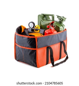 Emergency Kit For Car - First Aid Kit, Car Jack, Jumper Cables, Warning Triangle, Extinguisher, Compressor And Jerrycan In Textile Box For Car Trunk