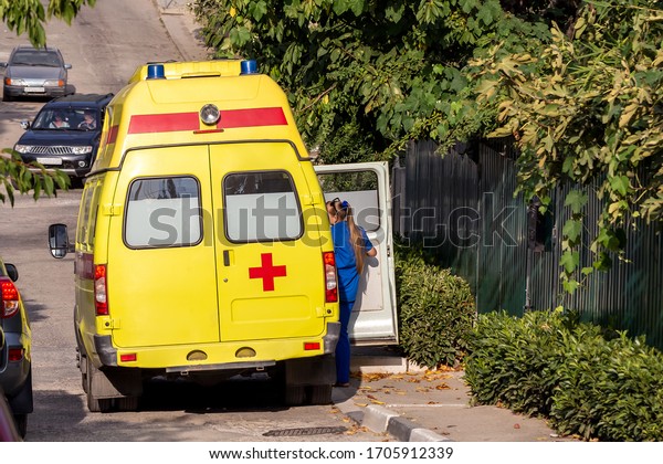 Emergency medical service, ambulance car. Urgent\
hospitalization of patient with serious illness or infection.\
Concept of epidemic in\
city