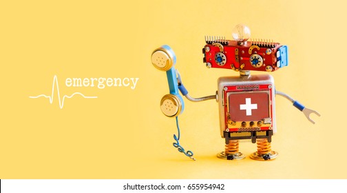 Emergency Medical Service Call Center Concept. Friendly Robot Doctor With Retro Styled Phone. First Aid Advertisement Template Poster. Friendly Toy Character On Yellow Background