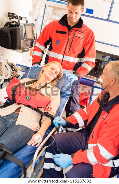 Emergency patient stabilization broken arm in\
ambulance car transport\
hospital