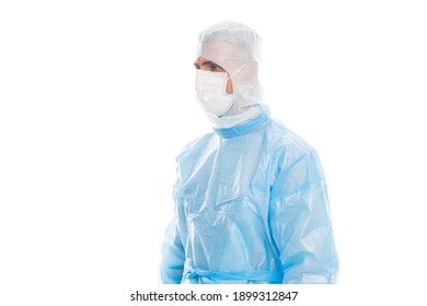 Emergency Physician Wear Medical Mask Protective Hood And Gown To Work During Covid-19 Pandemic, Critical Care.