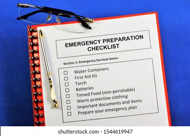 Emergency Preparedness Checklist.Emergency Survival Items.Water Containers, First Aid Kit, Torch, Batteries, Canned Food, Warm Protective Clothing, Important Documents And Items, Action Plan. 