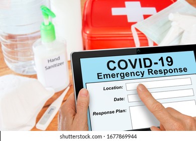 Emergency Response Kit For Covid19 Coronavirus With Mask And Sanitizer Self Isolation Concept