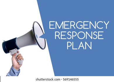 Emergency Response Plan. Hand With Megaphone / Loudspeaker. Health And Safety At Workplace Concept.