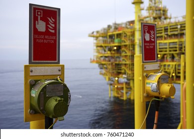 Emergency Response System. Emergency Push Button With Signage For Deluge Release System For Fire Fighting Protection Purpose On Oil And Gas Platform.