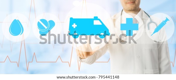 Emergency Service - Doctor points at\
ambulance and emergency medicine icon on medical\
background.