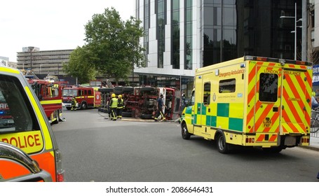 Emergency Services On Scene At A Road Traffic Accident In Central London Involving An Overturned Truck. London, UK, September 2010