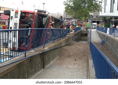 Emergency Services On Scene At A Road Traffic Accident In Central London Involving An Overturned Truck.  London, UK, September 2010