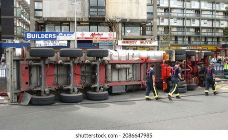 Emergency Services On Scene At A Road Traffic Accident In Central London Involving An Overturned Truck. London, UK, September 2010