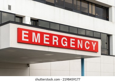 Emergency sign above the entrance at a hospital in the United States.   - Shutterstock ID 2198459177