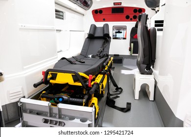 Emergency Stretcher In A New Delivered EMS Ambulance.