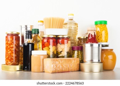 Emergency Survival Food Set On White Kitchen Table