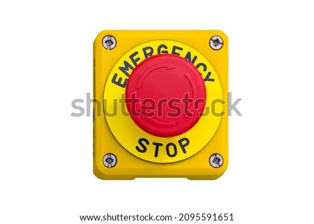 Emergency switch button, isolate on white background. Big Red emergency button or stop button for manual pressing. STOP button for industrial equipment, emergency stop. Emergency-stop in hospital.