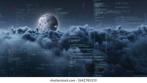 Emerging rocky moon hovering above dense clouds at night, with code, binary digits and HUD elements. Fantasy, sci-fi, futuristic, celestial, dreamlike, abstract, digital